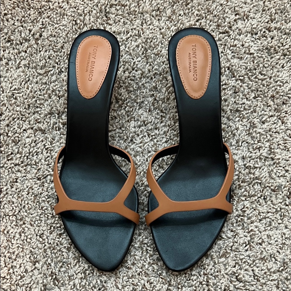 Tony Bianco Black & Brown Minimal Strappy Heeled Slides